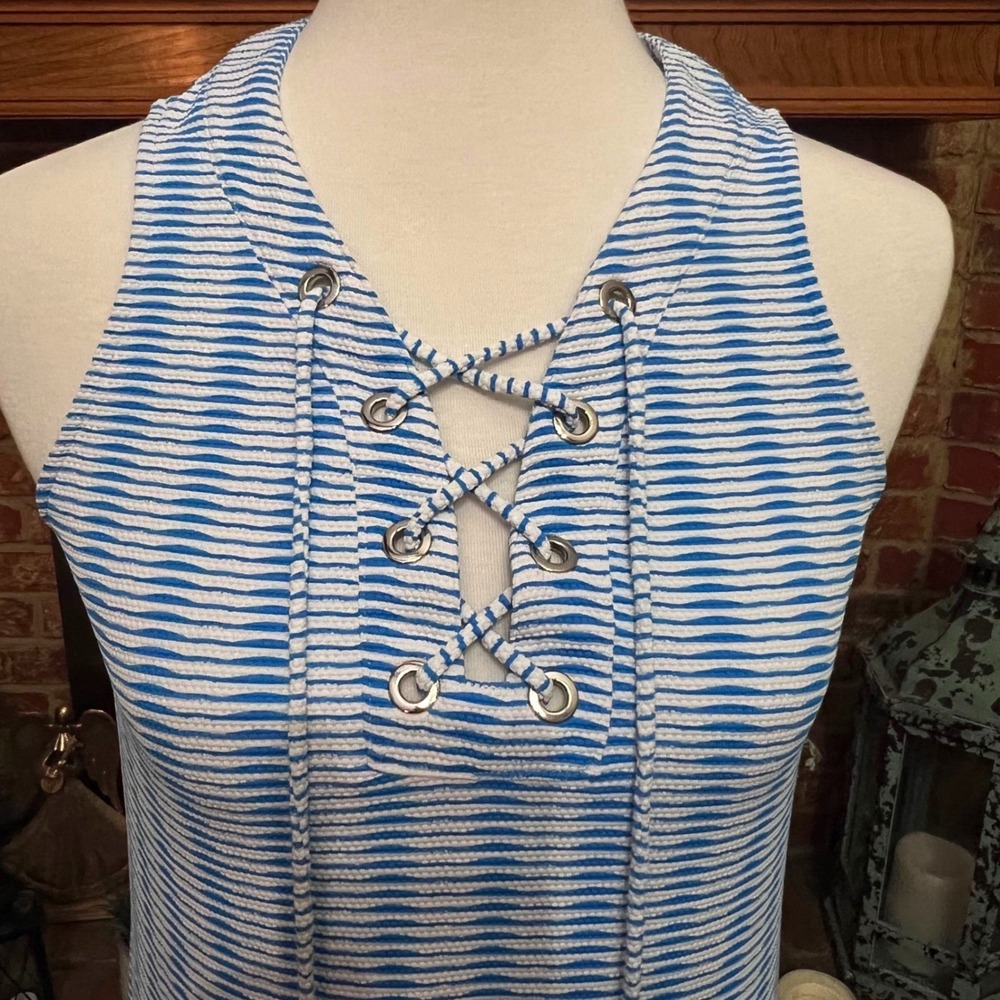Tommy Bahama Blue White Striped Lace Up island Dress XS Pockets Coastal Packable - Picture 2 of 9